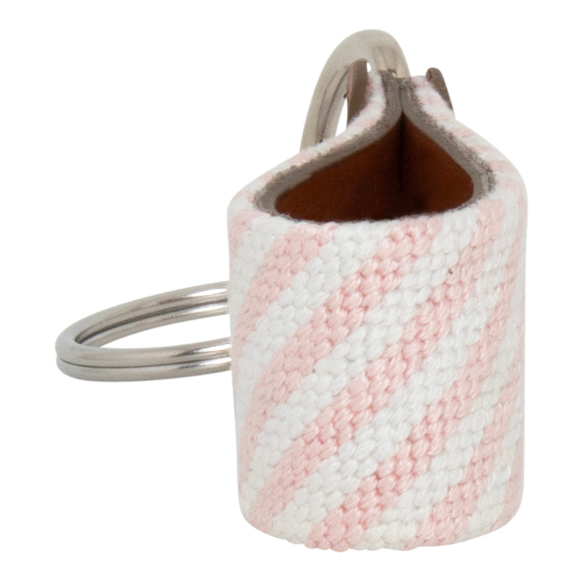 Hand-stitched Pink Seersucker needlepoint keychain showing a pink seersucker pattern on both sides, leather backing.  Stainless steel D-ring and keyring.
