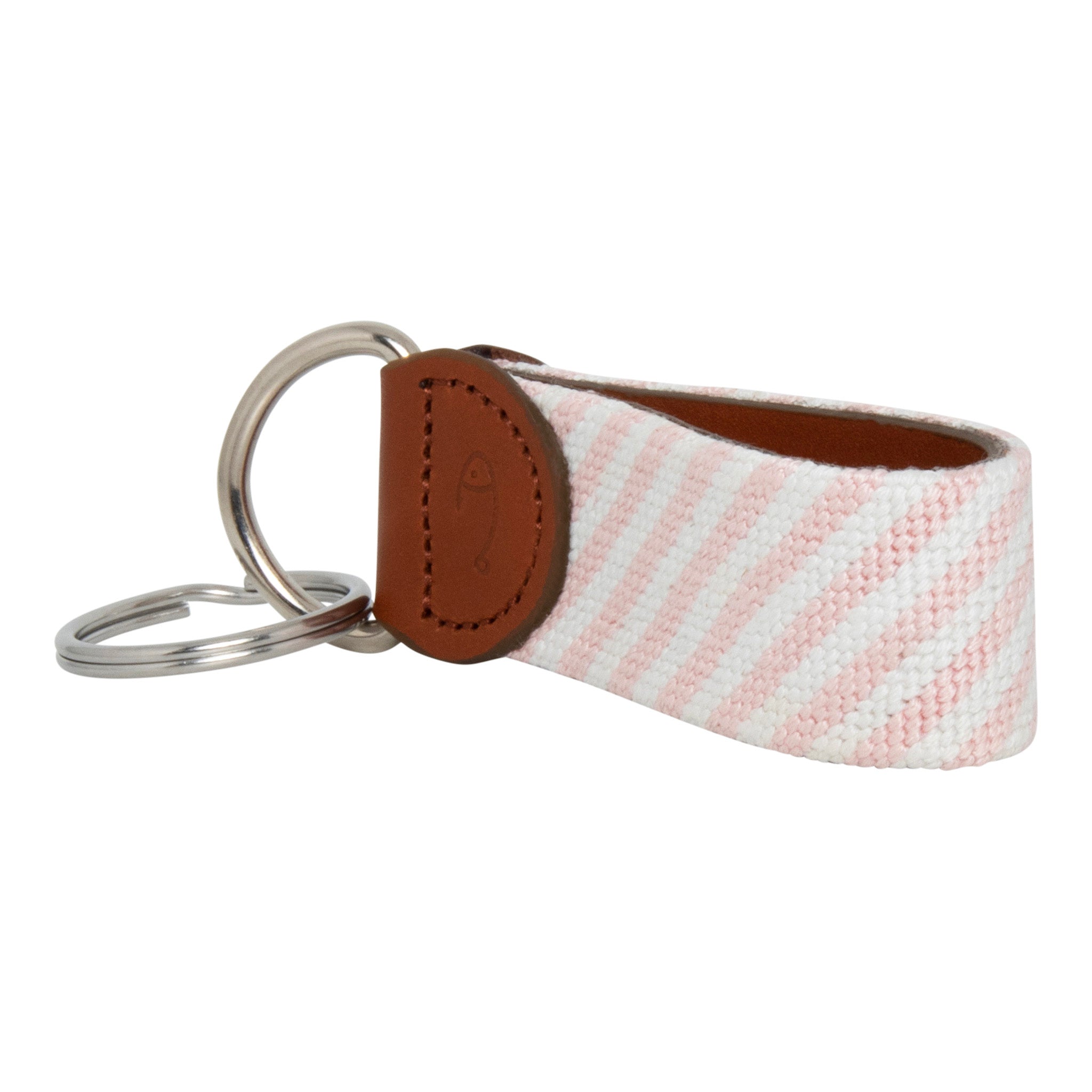 Hand-stitched Pink Seersucker needlepoint keychain showing a pink seersucker pattern on both sides, leather backing.  Stainless steel D-ring and keyring.