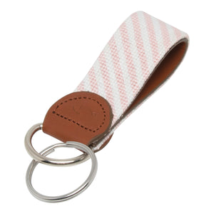 Hand-stitched Pink Seersucker needlepoint keychain showing a pink seersucker pattern on both sides, leather backing.  Stainless steel D-ring and keyring.