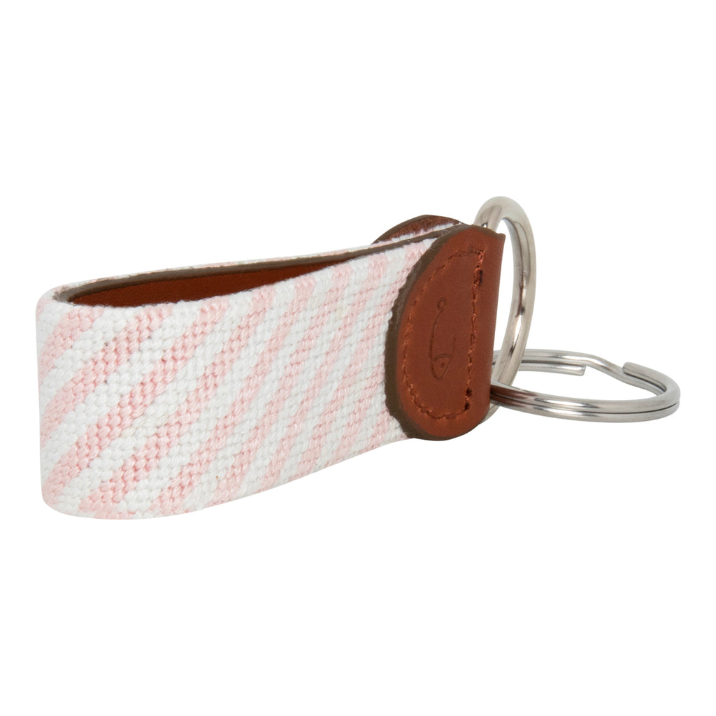 Hand-stitched Pink Seersucker needlepoint keychain showing a pink seersucker pattern on both sides, leather backing.  Stainless steel D-ring and keyring.