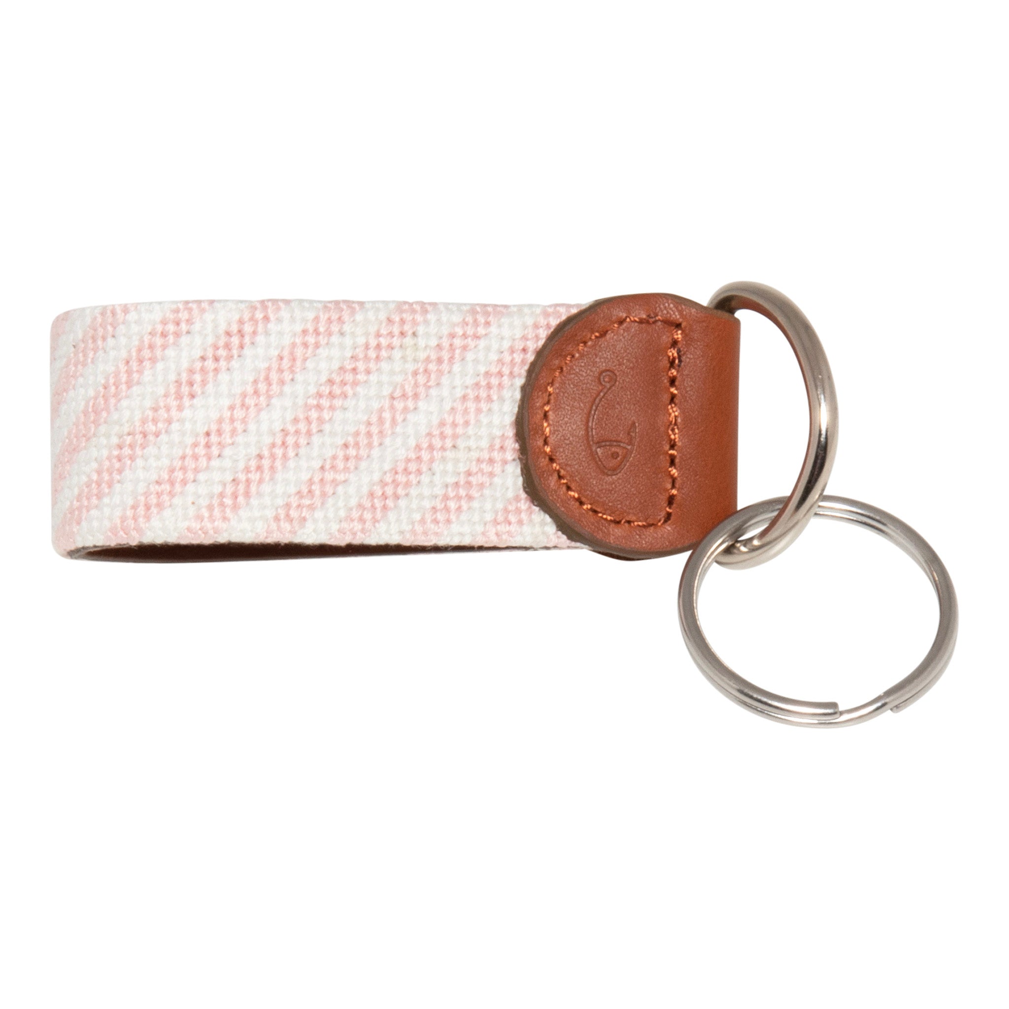 Hand-stitched Pink Seersucker needlepoint keychain showing a pink seersucker pattern on both sides, leather backing.  Stainless steel D-ring and keyring.