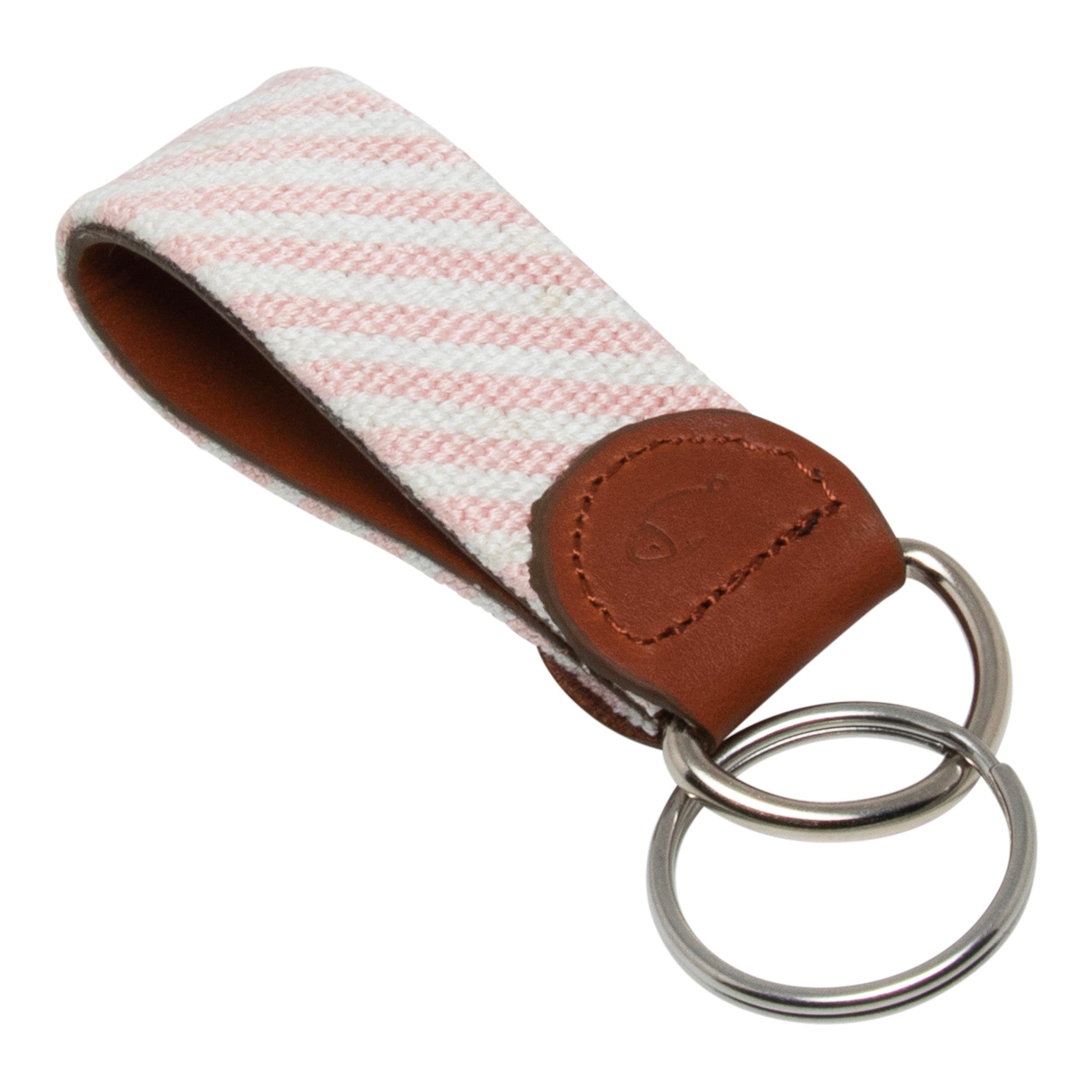 Hand-stitched Pink Seersucker needlepoint keychain showing a pink seersucker pattern on both sides, leather backing.  Stainless steel D-ring and keyring.