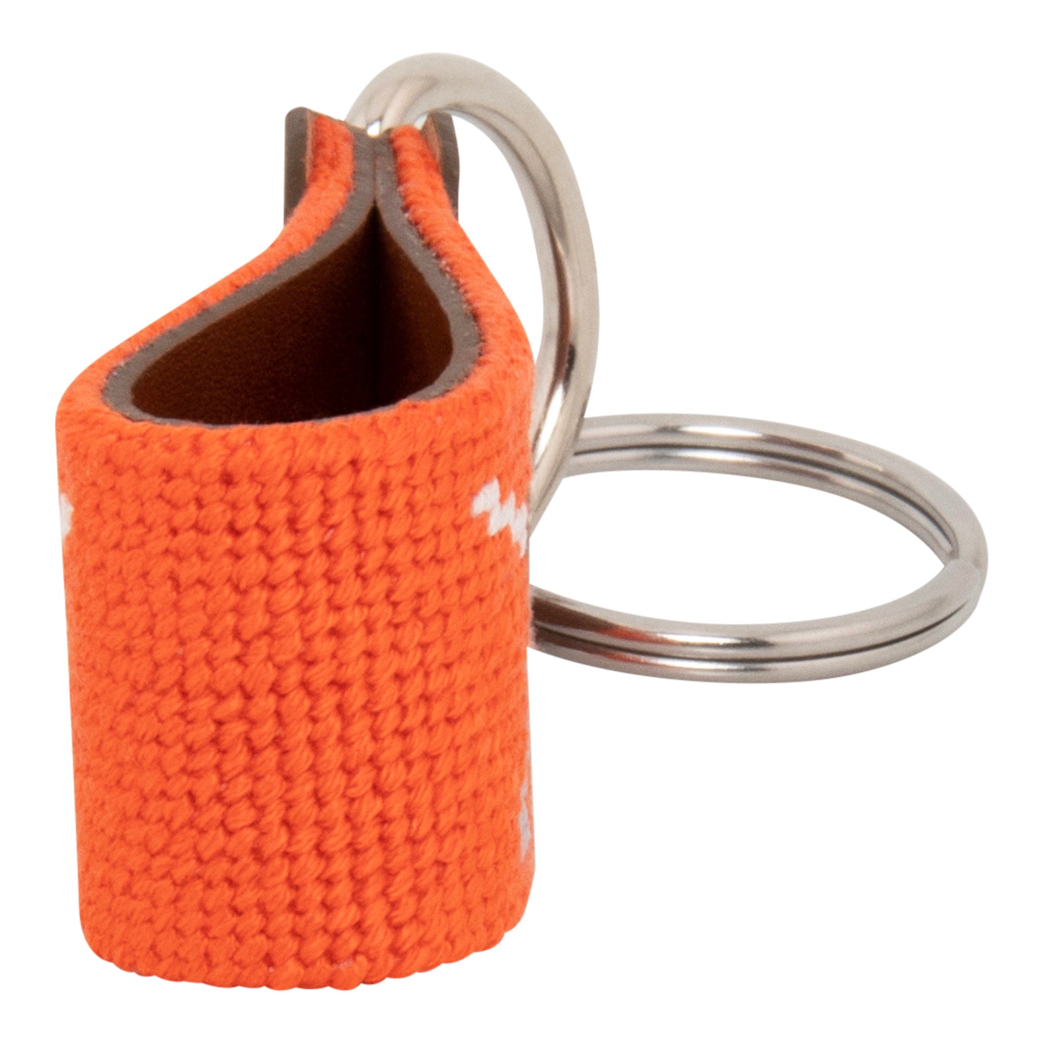 Hand-stitched Pointer Dog needlepoint keychain showing a dog in pointing stance on both sides against a blaze orange background and leather backing.  Stainless steel D-ring and keyring.