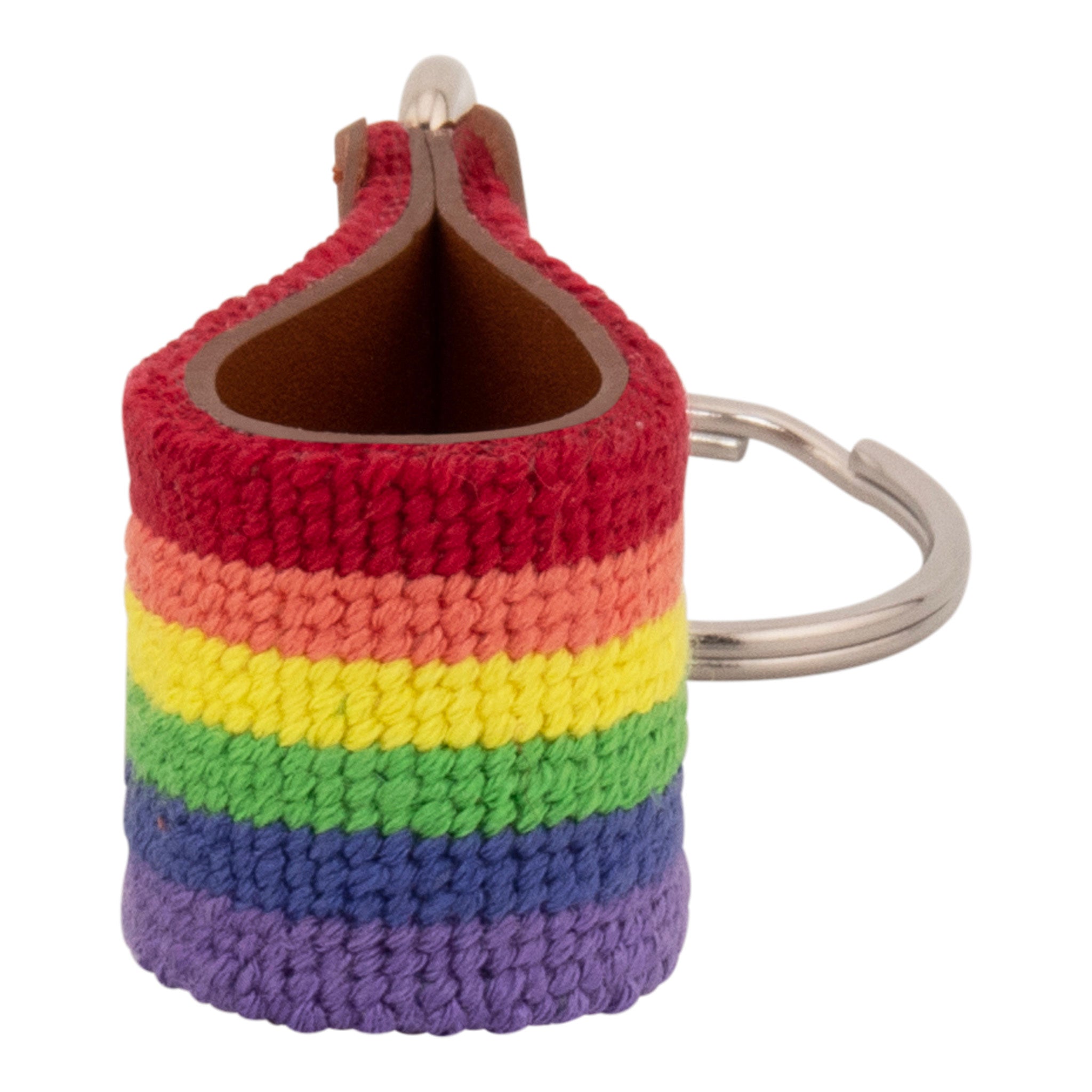 Hand-stitched rainbow needlepoint keychain showing a rainbow pattern on both sides and leather backing.  Stainless steel D-ring and keyring.