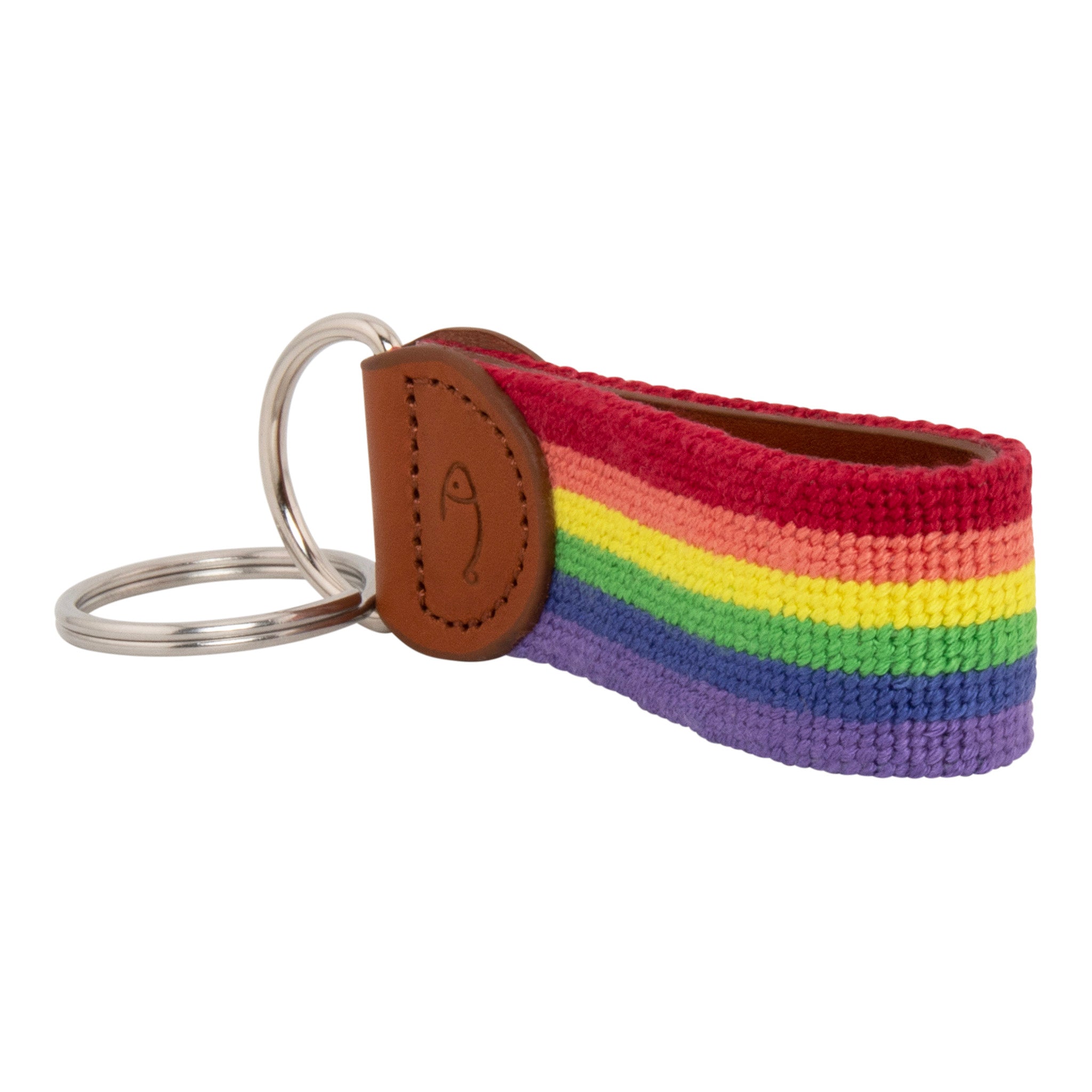 Hand-stitched rainbow needlepoint keychain showing a rainbow pattern on both sides and leather backing.  Stainless steel D-ring and keyring.