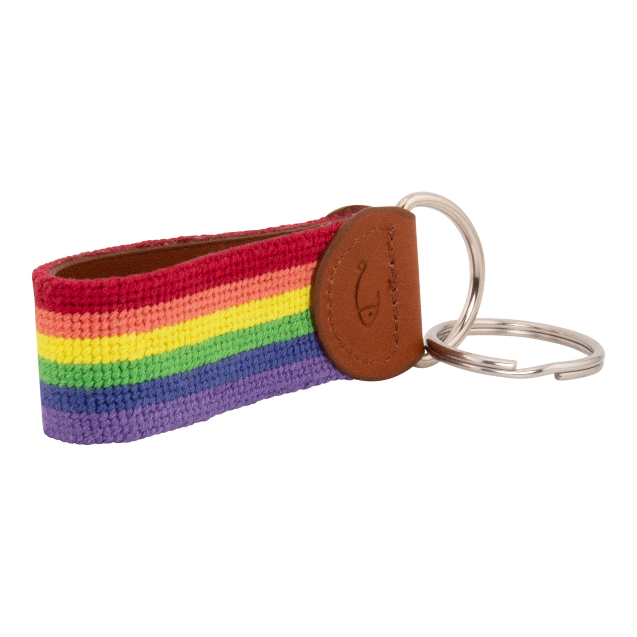 Hand-stitched rainbow needlepoint keychain showing a rainbow pattern on both sides and leather backing.  Stainless steel D-ring and keyring.