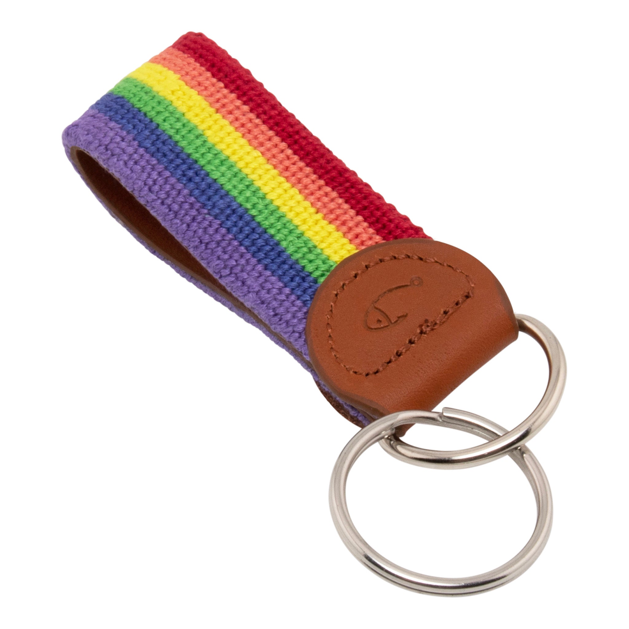 Hand-stitched rainbow needlepoint keychain showing a rainbow pattern on both sides and leather backing.  Stainless steel D-ring and keyring.