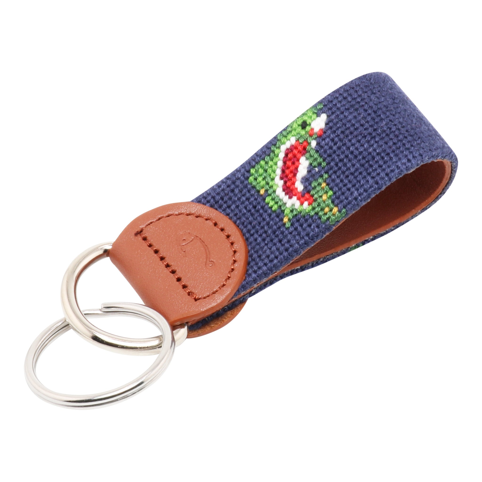 Rainbow Trout Needlepoint Key Fob – Hand‑stitched trout motif keychain with leather backing by Huck Venture