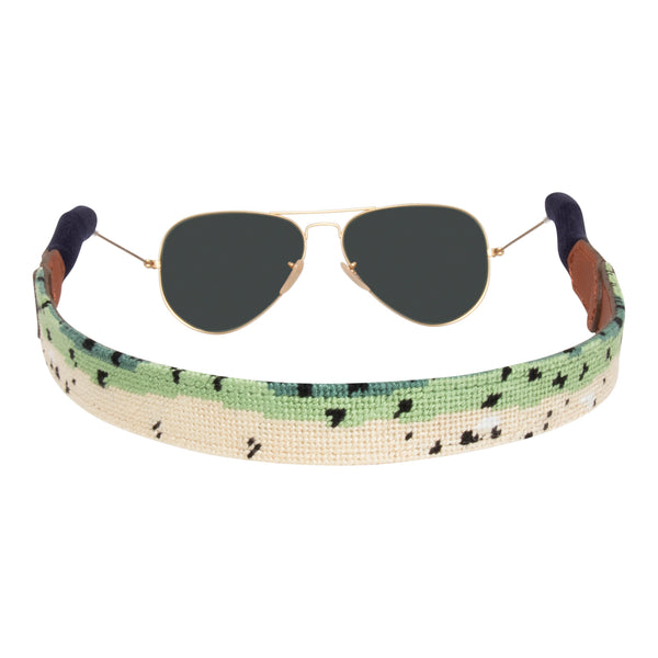 Back View Rainbow trout pattern needlepoint sunglass strap with sturdy cotton covered silicone ear connectors and a soft leather backing