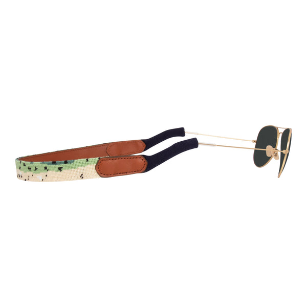Side View Rainbow trout pattern needlepoint sunglass strap with sturdy cotton covered silicone ear connectors and a soft leather backing