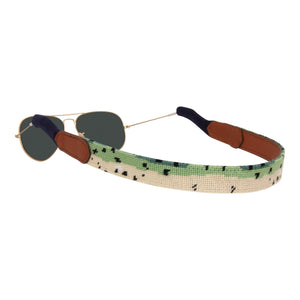 Rainbow trout pattern needlepoint sunglass strap with sturdy cotton covered silicone ear connectors and a soft leather backing