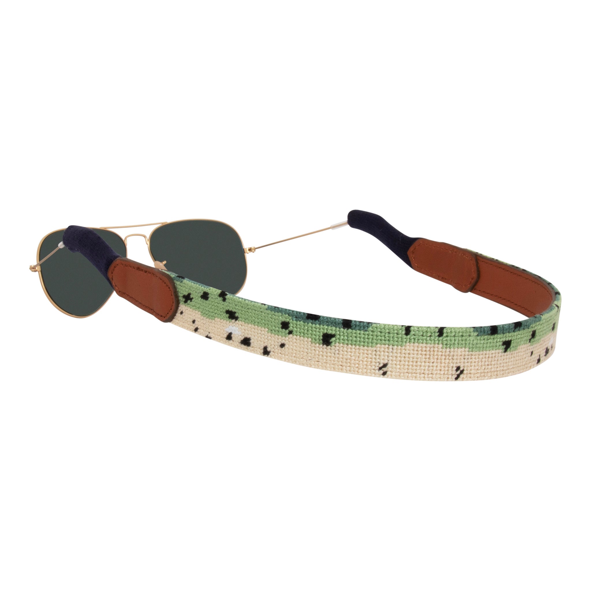 Rainbow trout pattern needlepoint sunglass strap with sturdy cotton covered silicone ear connectors and a soft leather backing
