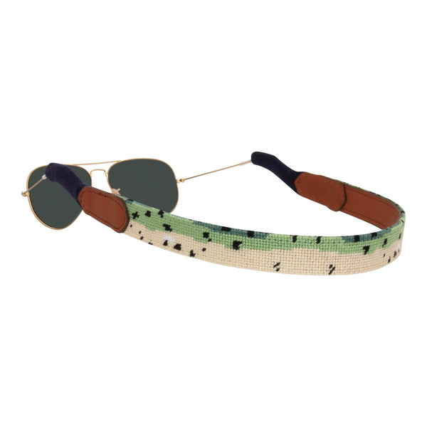Rainbow trout pattern needlepoint sunglass strap with sturdy cotton covered silicone ear connectors and a soft leather backing