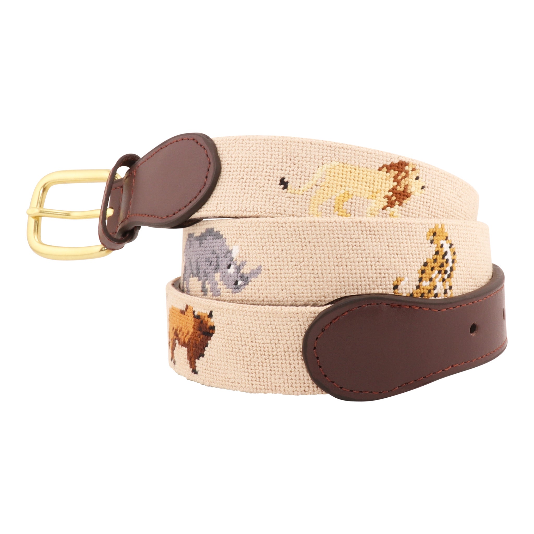 Hand-stitched safari animal needlepoint belt featuring a rhino, cheetah, and buffalo with brown leather and brass buckle
