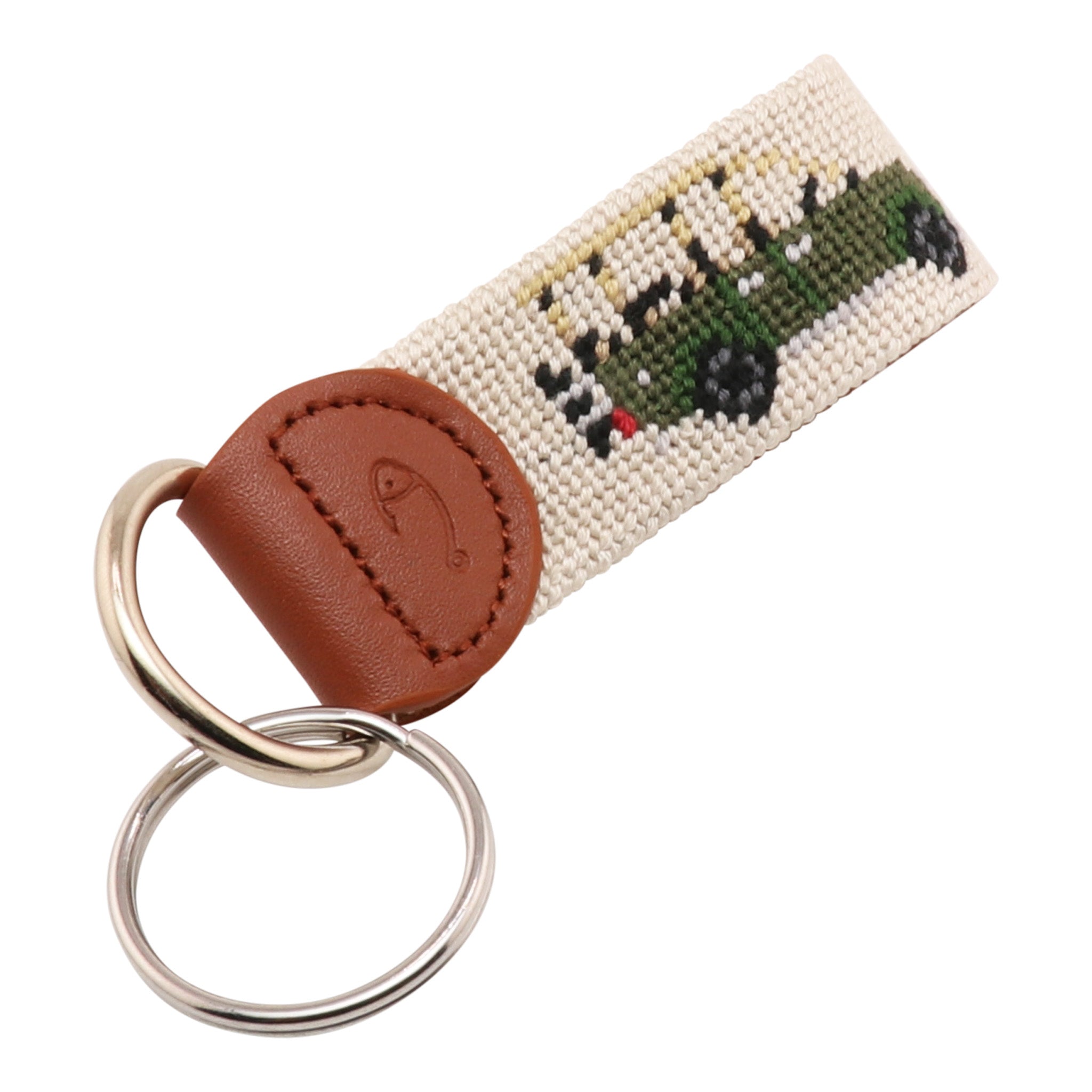 Hand-stitched Safari Needlepoint Key Fob with green safari vehicle design, full-grain leather backing, and stainless steel key ring by Huck Venture.