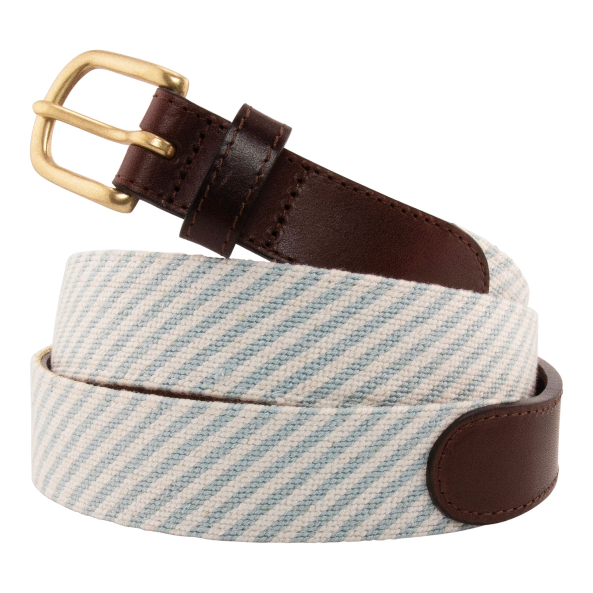 Seersucker Needlepoint Belt with a classic blue and white seersucker pattern.  Belt has a brass buckle and full grain leather backing and strap.