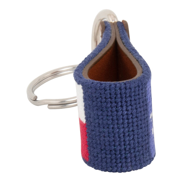 Hand-stitched Texas Flag needlepoint keychain showing a Texas Flag on both sides against a navy blue background and leather backing.  Stainless steel D-ring and keyring.