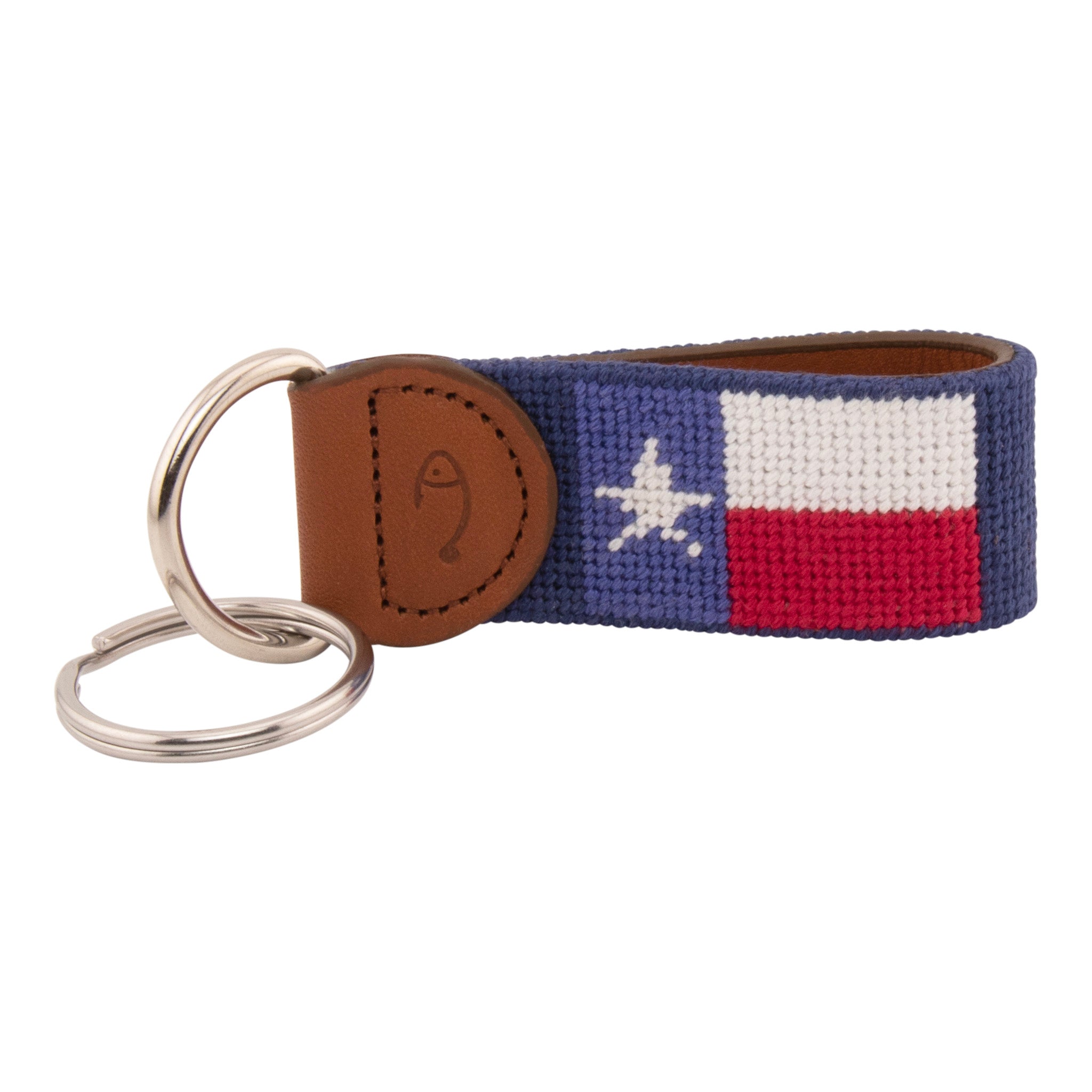 Hand-stitched Texas Flag needlepoint keychain showing a Texas Flag on both sides against a navy blue background and leather backing.  Stainless steel D-ring and keyring.