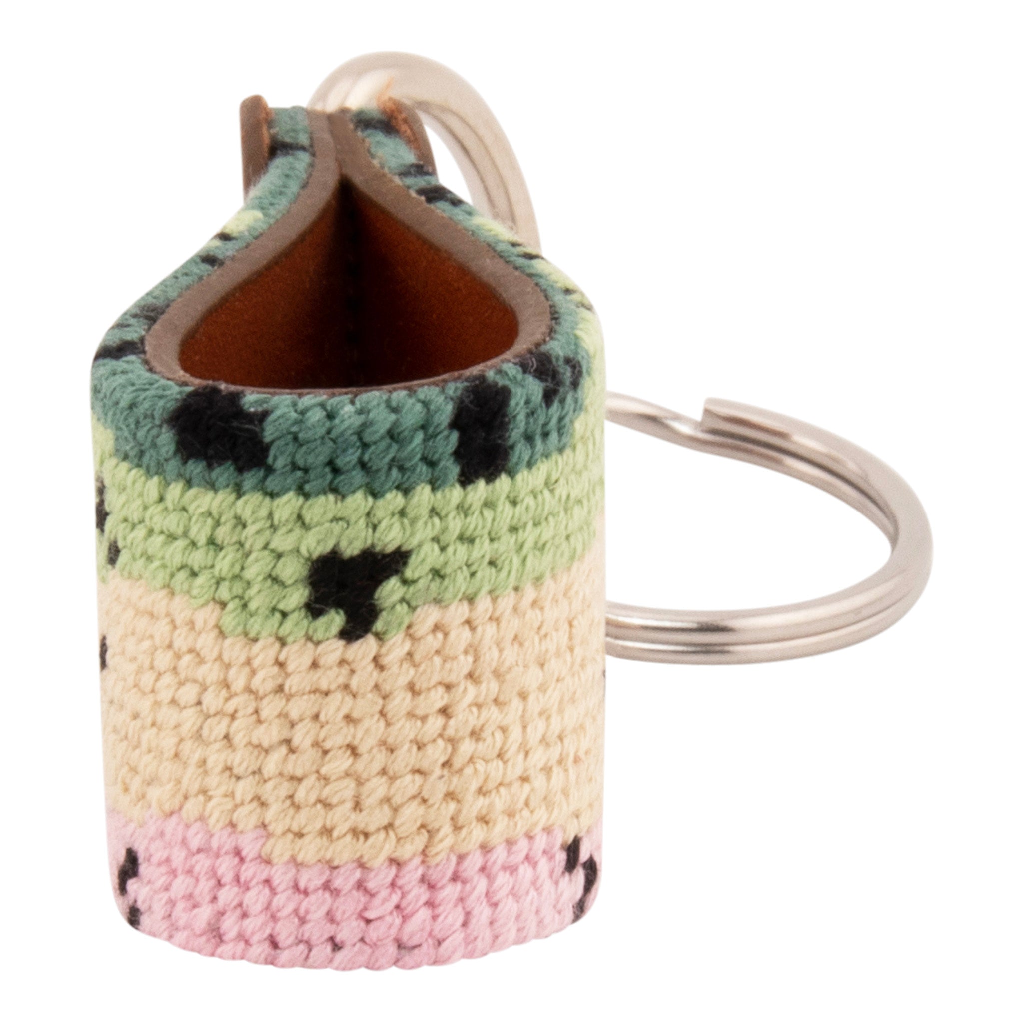Hand-stitched rainbow trout needlepoint keychain showing rainbow trout skin pattern on both sides with leather backing.  Stainless steel D-ring and keyring.