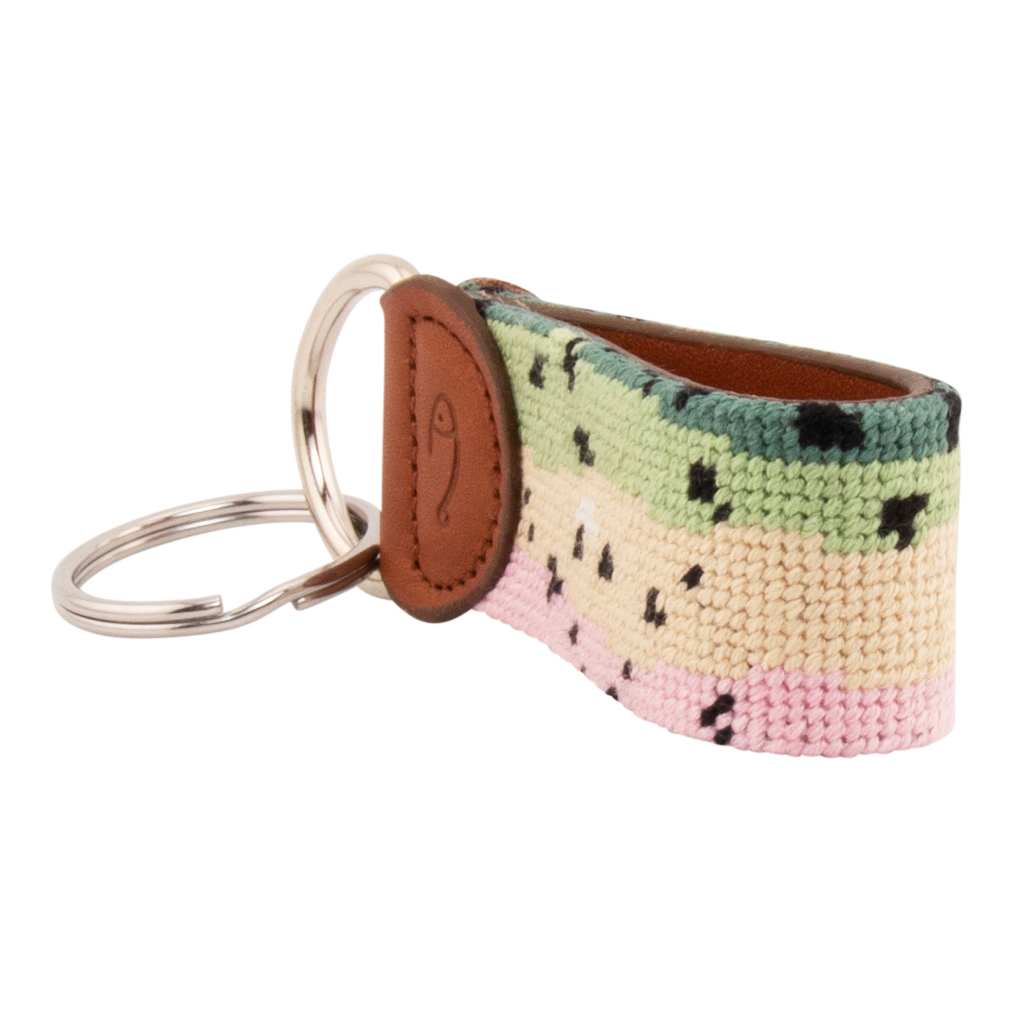 Hand-stitched rainbow trout needlepoint keychain showing rainbow trout skin pattern on both sides with leather backing.  Stainless steel D-ring and keyring.