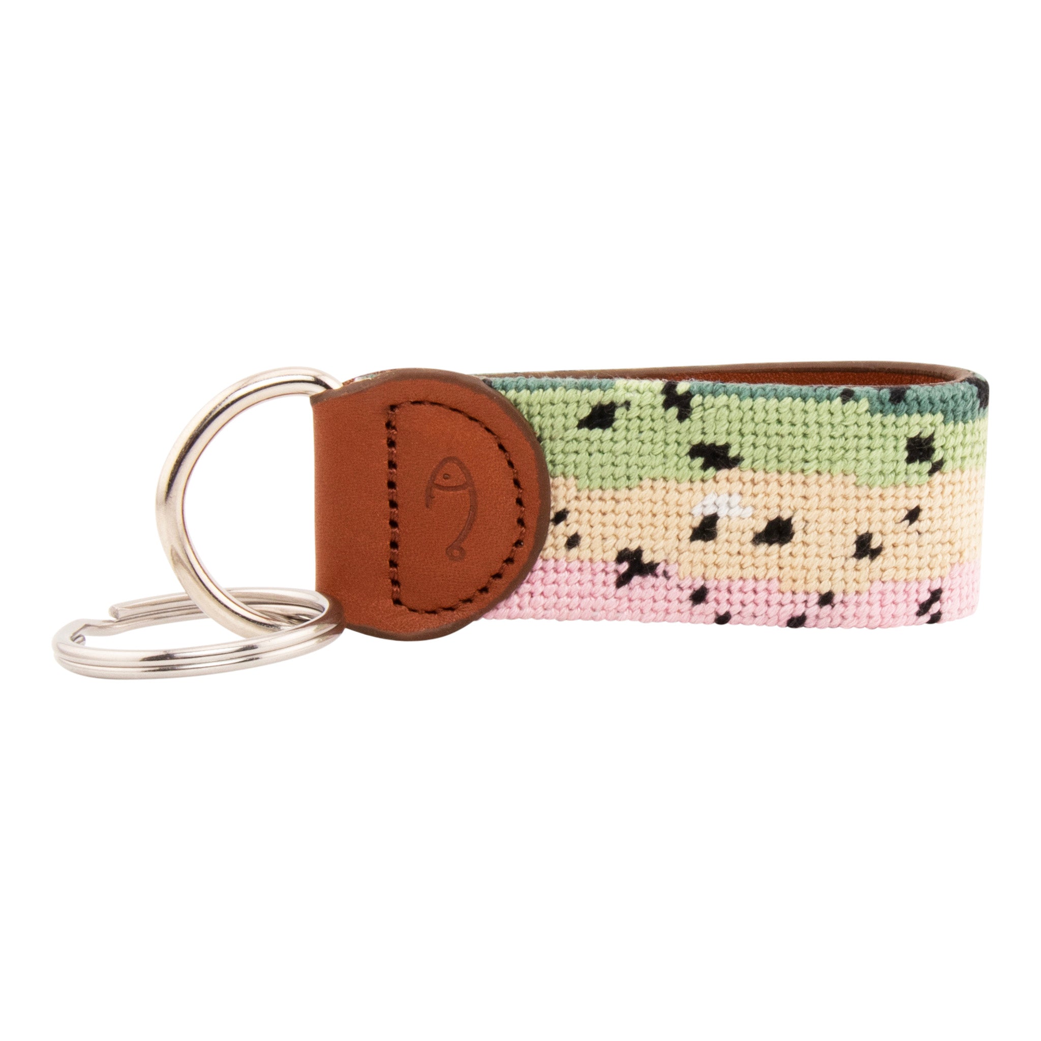 Hand-stitched rainbow trout needlepoint keychain showing rainbow trout skin pattern on both sides with leather backing.  Stainless steel D-ring and keyring.