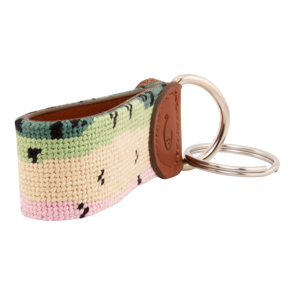 Hand-stitched rainbow trout needlepoint keychain showing rainbow trout skin pattern on both sides with leather backing.  Stainless steel D-ring and keyring.