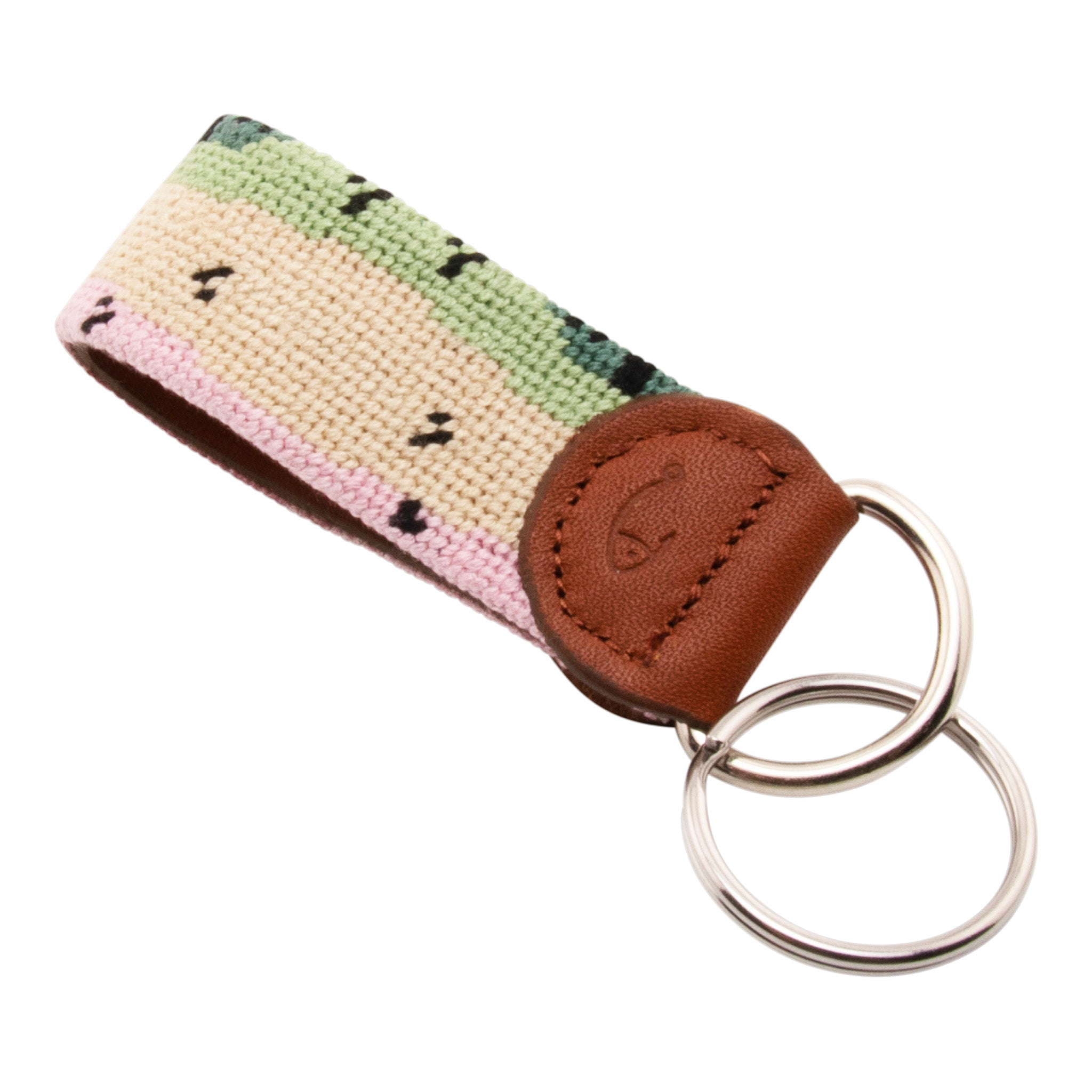 Hand-stitched rainbow trout needlepoint keychain showing rainbow trout skin pattern on both sides with leather backing.  Stainless steel D-ring and keyring.