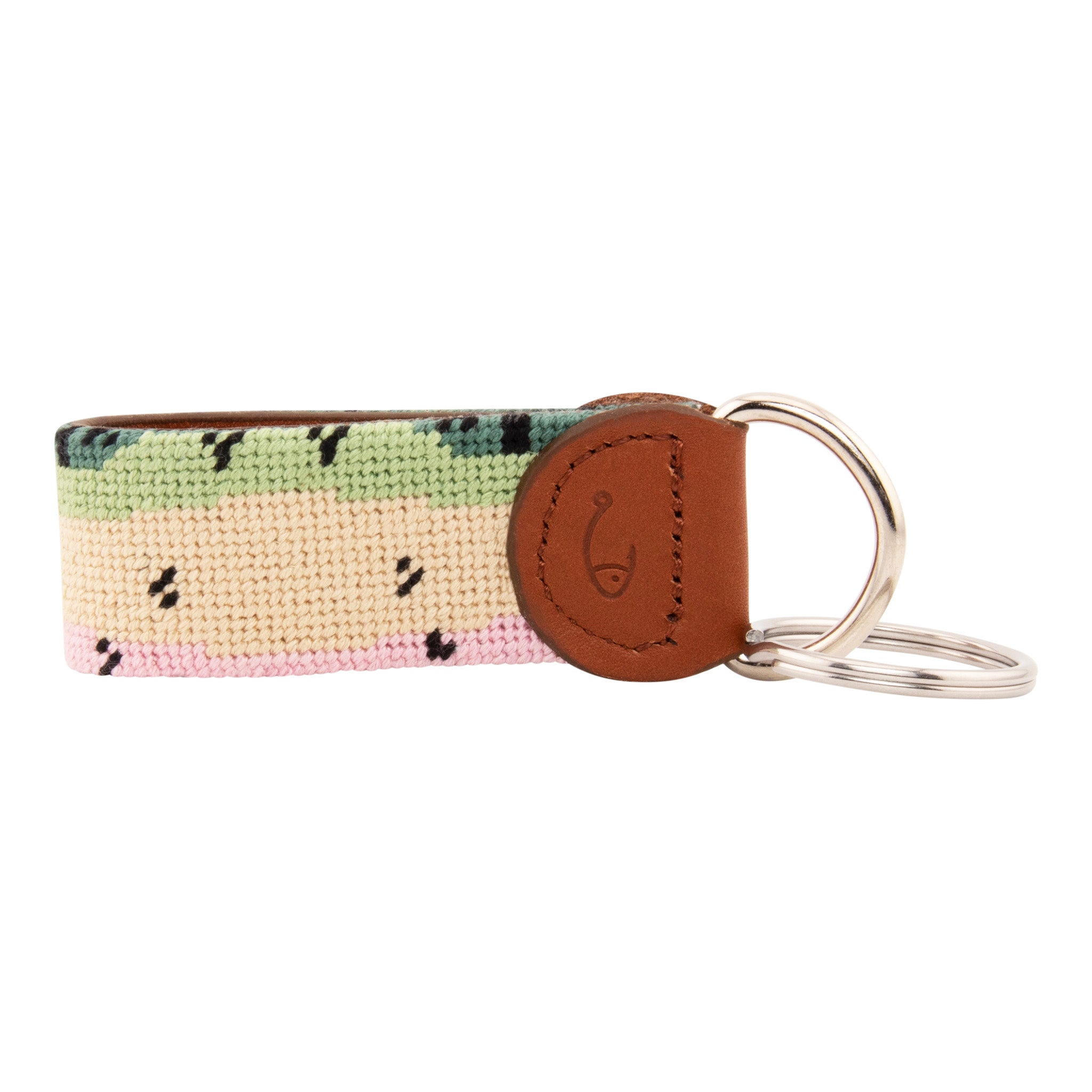 Hand-stitched rainbow trout needlepoint keychain showing rainbow trout skin pattern on both sides with leather backing.  Stainless steel D-ring and keyring.