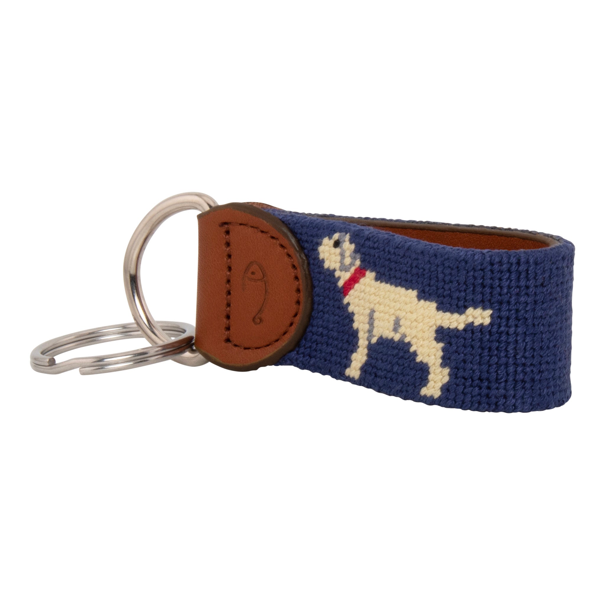 Hand-stitched yellow Labrador needlepoint keychain showing a yellow lab on both sides against a navy blue background and leather backing.  Stainless steel D-ring and keyring.