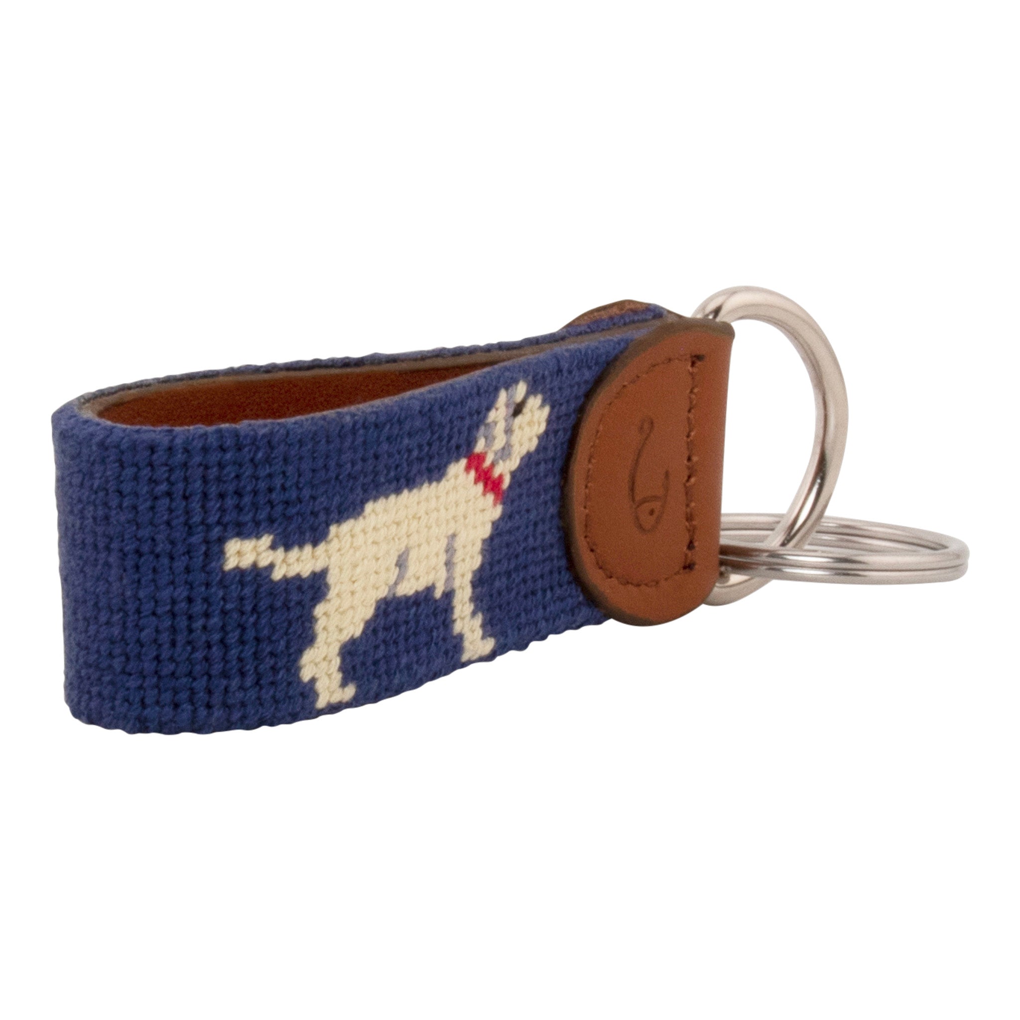 Hand-stitched yellow Labrador needlepoint keychain showing a yellow lab on both sides against a navy blue background and leather backing.  Stainless steel D-ring and keyring.