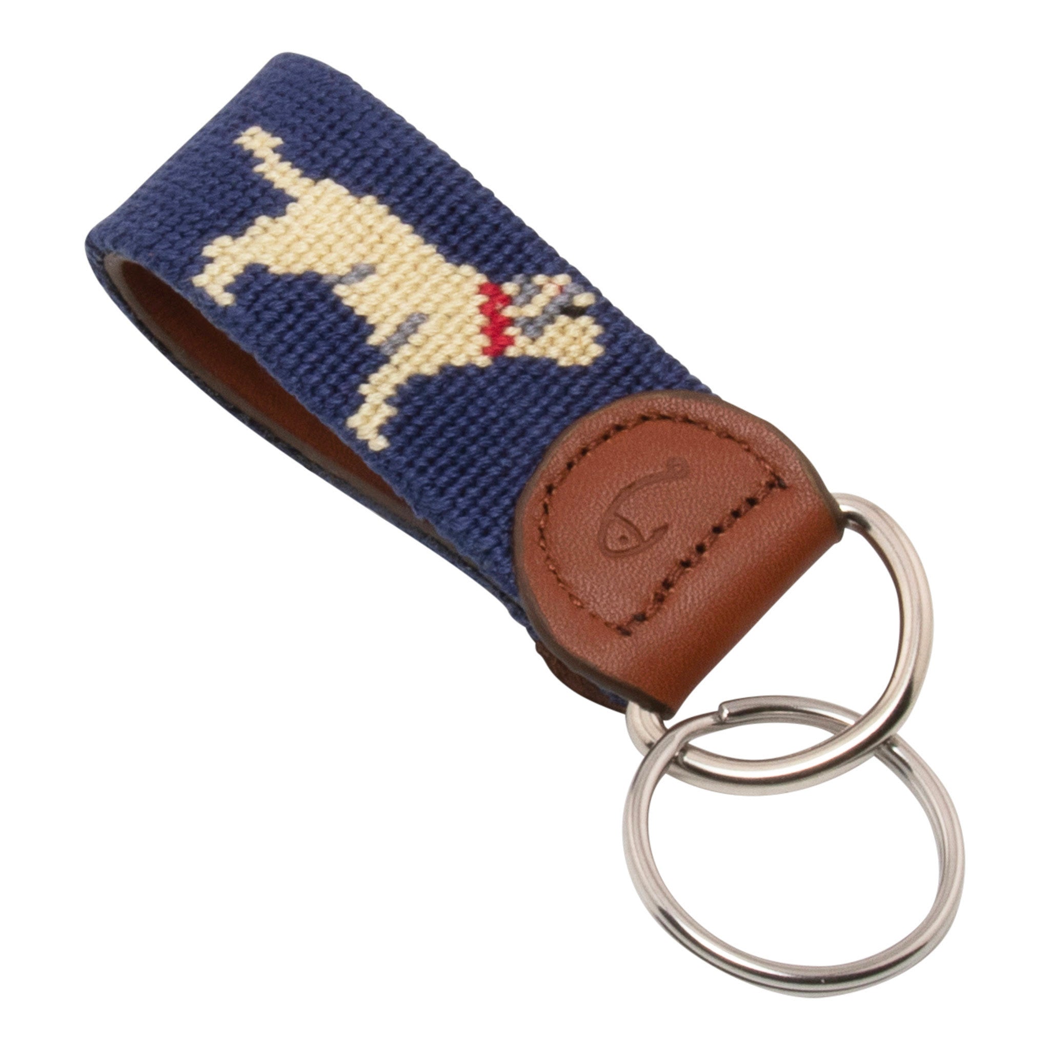 Hand-stitched yellow Labrador needlepoint keychain showing a yellow lab on both sides against a navy blue background and leather backing.  Stainless steel D-ring and keyring.